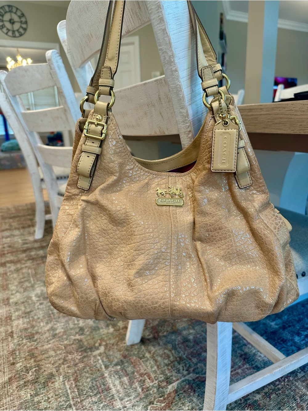 Coach Tan Shimmery Pebbled Leather Shoulder Bag with Gold Hardware